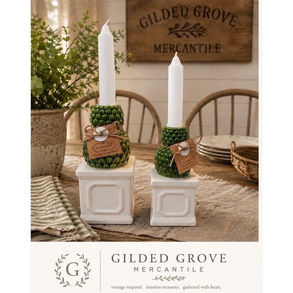 NEW Mud Pie Green Topiary Tree Candle Holders Set White Pedestal Decor